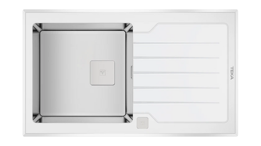 Chiuvetă "PureLine” cu finisaj din sticlă DIAMOND RS15 1B 1D 86 WHITE, 1 cuvă din inox și 1 picurător, instalare Inset