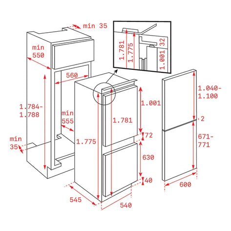 Combină frigorifică incorporabilă, panou de control electronic (afişaj în partea superioară), rafturi din sticlă securizată ajustabile pe înălţime