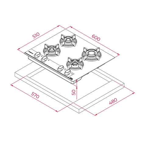 Plita pe gaz din cristal ,GBC 64-G1 GBC BM, 60 cm