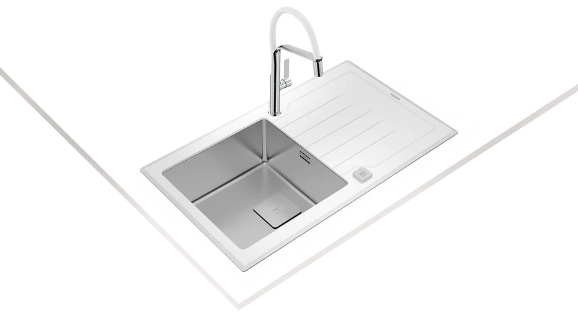 Chiuvetă "PureLine” cu finisaj din sticlă DIAMOND RS15 1B 1D 86  WHITE, 1 cuvă din inox și 1 picurător, instalare Inset