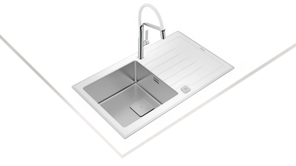 Chiuvetă "PureLine” cu finisaj din sticlă DIAMOND RS15 1B 1D 86  WHITE, 1 cuvă din inox și 1 picurător, instalare Inset