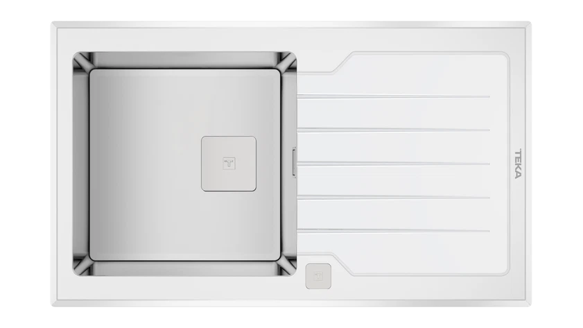 Chiuvetă "PureLine” cu finisaj din sticlă DIAMOND RS15 1B 1D 86  WHITE, 1 cuvă din inox și 1 picurător, instalare Inset