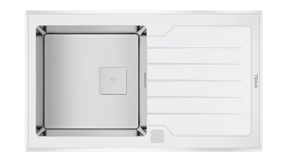 Chiuvetă "PureLine” cu finisaj din sticlă DIAMOND RS15 1B 1D 86  WHITE, 1 cuvă din inox și 1 picurător, instalare Inset