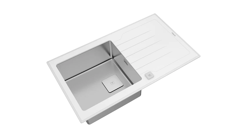 Chiuvetă "PureLine” cu finisaj din sticlă DIAMOND RS15 1B 1D 86  WHITE, 1 cuvă din inox și 1 picurător, instalare Inset