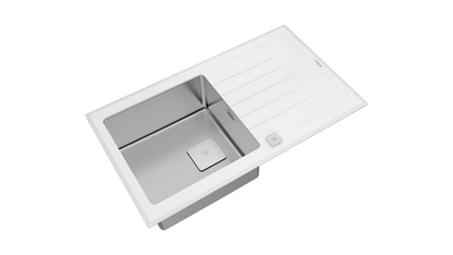 Chiuvetă "PureLine” cu finisaj din sticlă DIAMOND RS15 1B 1D 86  WHITE, 1 cuvă din inox și 1 picurător, instalare Inset