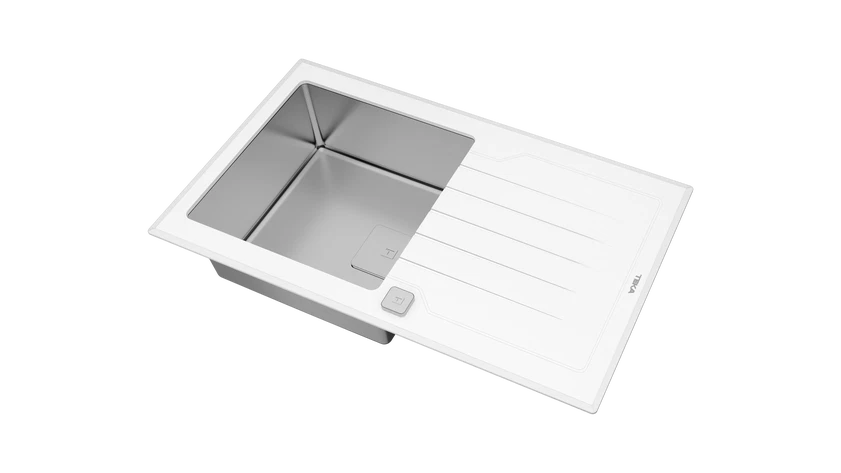 Chiuvetă "PureLine” cu finisaj din sticlă DIAMOND RS15 1B 1D 86  WHITE, 1 cuvă din inox și 1 picurător, instalare Inset