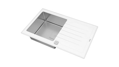 Chiuvetă "PureLine” cu finisaj din sticlă DIAMOND RS15 1B 1D 86  WHITE, 1 cuvă din inox și 1 picurător, instalare Inset