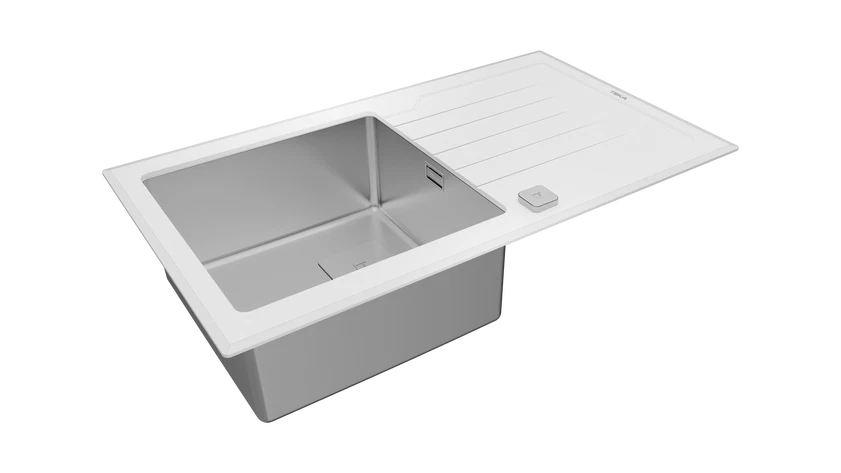 Chiuvetă "PureLine” cu finisaj din sticlă DIAMOND RS15 1B 1D 86  WHITE, 1 cuvă din inox și 1 picurător, instalare Inset