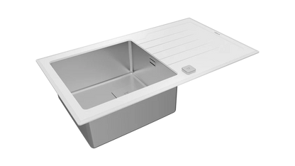 Chiuvetă "PureLine” cu finisaj din sticlă DIAMOND RS15 1B 1D 86  WHITE, 1 cuvă din inox și 1 picurător, instalare Inset