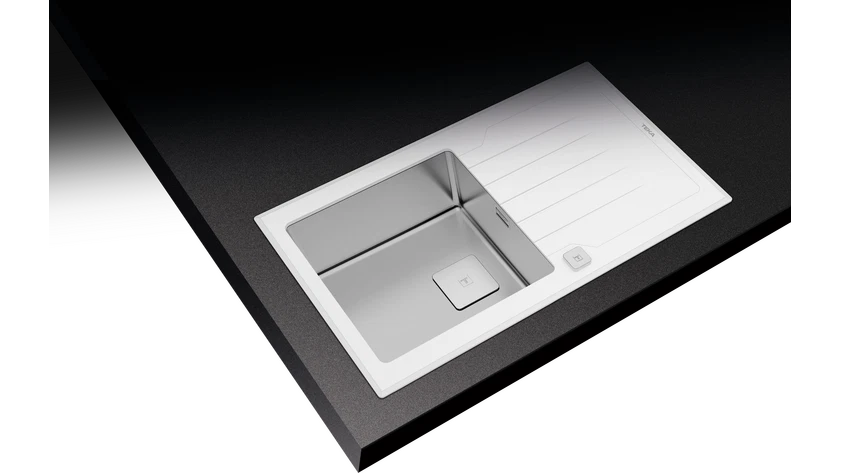 Chiuvetă "PureLine” cu finisaj din sticlă DIAMOND RS15 1B 1D 86  WHITE, 1 cuvă din inox și 1 picurător, instalare Inset