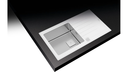 Chiuvetă "PureLine” cu finisaj din sticlă DIAMOND RS15 1B 1D 86  WHITE, 1 cuvă din inox și 1 picurător, instalare Inset