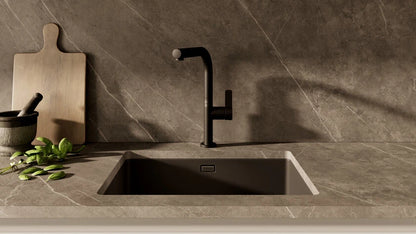 Baterie de bucătărie ecologică UNI 9331 BK, cu monocomandă și extractibilă pentru gura de scurgere înaltă