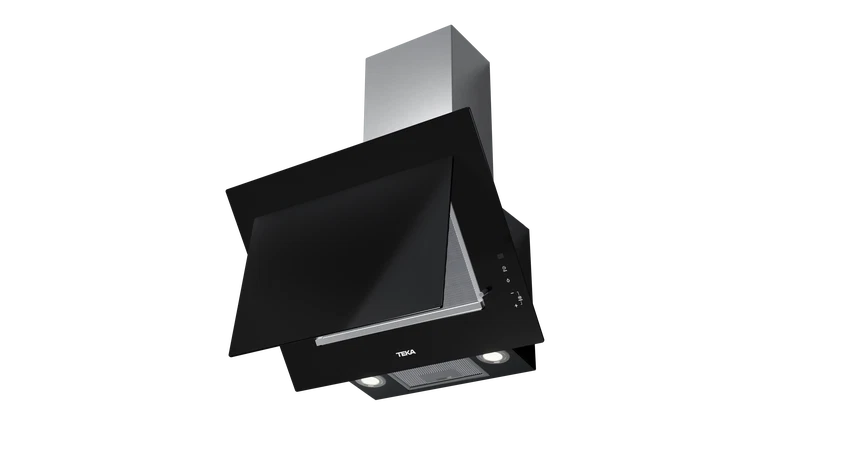 Hotă şemineu cu design vertical DVT 68660 BLACK, paravan din sticlă de culoare neagră, Funcţie Fresh AIR, 60 cm