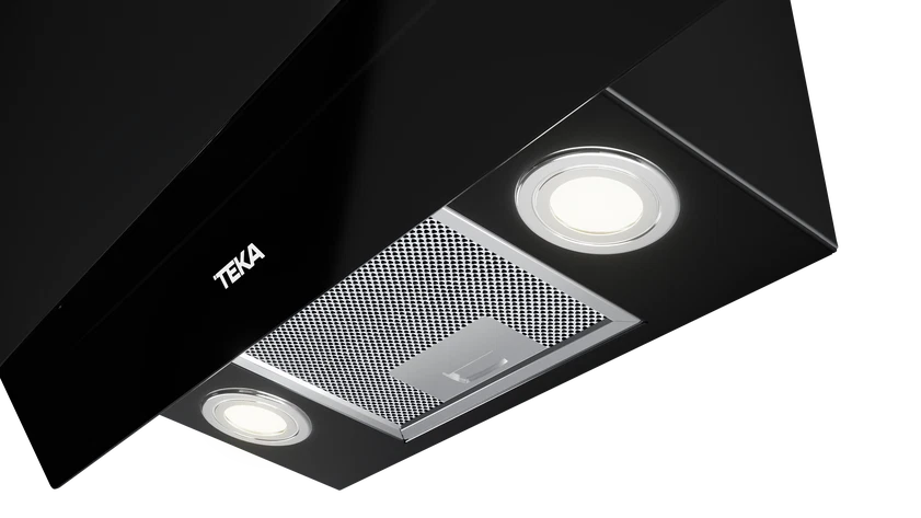 Hotă şemineu cu design vertical DVT 68660 BLACK, paravan din sticlă de culoare neagră, Funcţie Fresh AIR, 60 cm