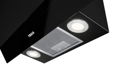 Hotă şemineu cu design vertical DVT 68660 BLACK, paravan din sticlă de culoare neagră, Funcţie Fresh AIR, 60 cm