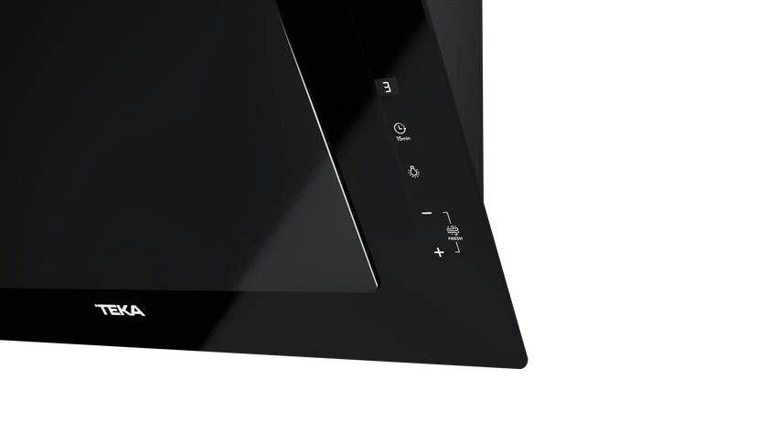 Hotă şemineu cu design vertical DVT 68660 BLACK, paravan din sticlă de culoare neagră, Funcţie Fresh AIR, 60 cm