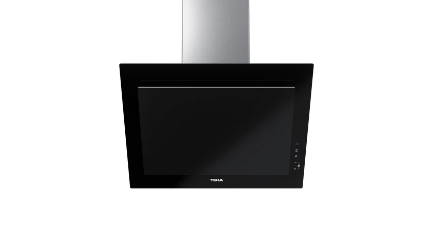 Hotă şemineu cu design vertical DVT 68660 BLACK, paravan din sticlă de culoare neagră, Funcţie Fresh AIR, 60 cm