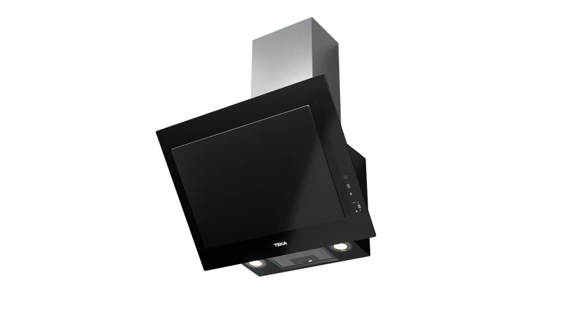 Hotă şemineu cu design vertical DVT 68660 BLACK, paravan din sticlă de culoare neagră, Funcţie Fresh AIR, 60 cm