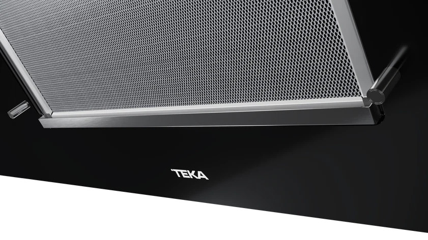 Hotă şemineu cu design vertical DVT 98660 BLACK, paravan din sticlă de culoare neagră, Funcţie Fresh AIR, 90 cm