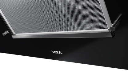 Hotă şemineu cu design vertical DVT 98660 BLACK, paravan din sticlă de culoare neagră, Funcţie Fresh AIR, 90 cm