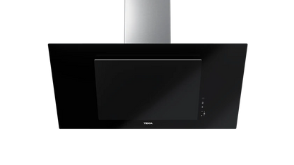 Hotă şemineu cu design vertical DVT 98660 BLACK, paravan din sticlă de culoare neagră, Funcţie Fresh AIR, 90 cm