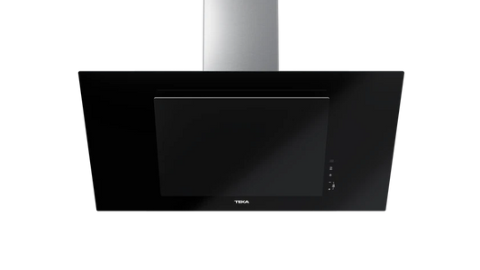 Hotă şemineu cu design vertical DVT 98660 BLACK, paravan din sticlă de culoare neagră, Funcţie Fresh AIR, 90 cm