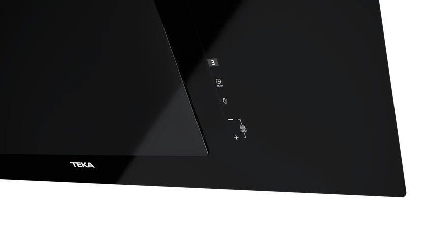 Hotă şemineu cu design vertical DVT 98660 BLACK, paravan din sticlă de culoare neagră, Funcţie Fresh AIR, 90 cm