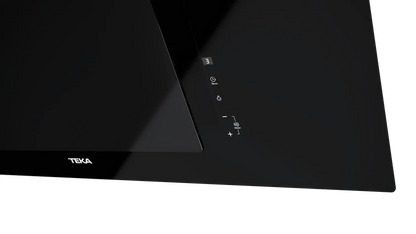 Hotă şemineu cu design vertical DVT 98660 BLACK, paravan din sticlă de culoare neagră, Funcţie Fresh AIR, 90 cm