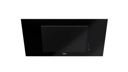 Hotă şemineu cu design vertical DVT 98660 BLACK, paravan din sticlă de culoare neagră, Funcţie Fresh AIR, 90 cm