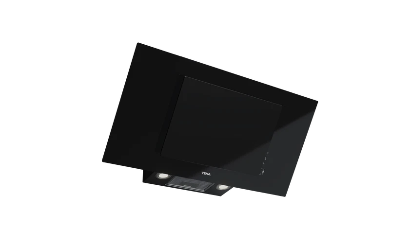 Hotă şemineu cu design vertical DVT 98660 BLACK, paravan din sticlă de culoare neagră, Funcţie Fresh AIR, 90 cm