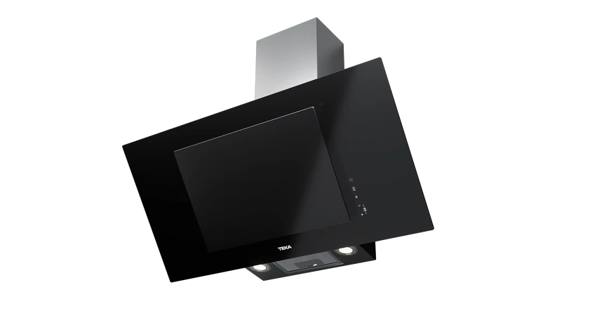 Hotă şemineu cu design vertical DVT 98660 BLACK, paravan din sticlă de culoare neagră, Funcţie Fresh AIR, 90 cm