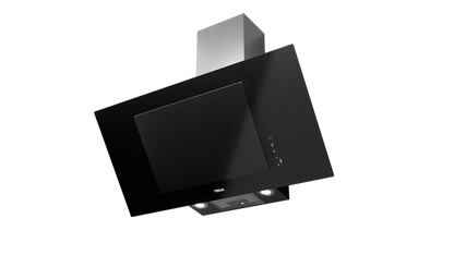 Hotă şemineu cu design vertical DVT 98660 BLACK, paravan din sticlă de culoare neagră, Funcţie Fresh AIR, 90 cm
