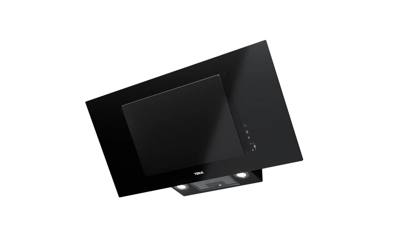 Hotă şemineu cu design vertical DVT 98660 BLACK, paravan din sticlă de culoare neagră, Funcţie Fresh AIR, 90 cm