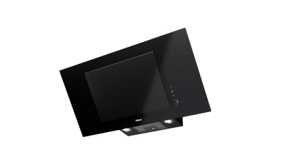 Hotă şemineu cu design vertical DVT 98660 BLACK, paravan din sticlă de culoare neagră, Funcţie Fresh AIR, 90 cm