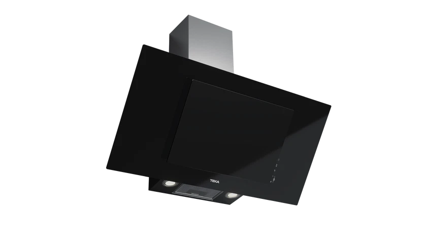 Hotă şemineu cu design vertical DVT 98660 BLACK, paravan din sticlă de culoare neagră, Funcţie Fresh AIR, 90 cm