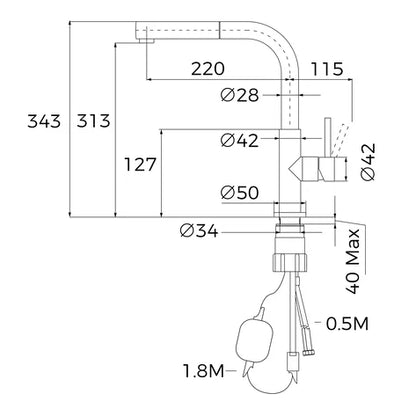 Baterie de bucătărie ecologică UNI 9331 BK, cu monocomandă și extractibilă pentru gura de scurgere înaltă